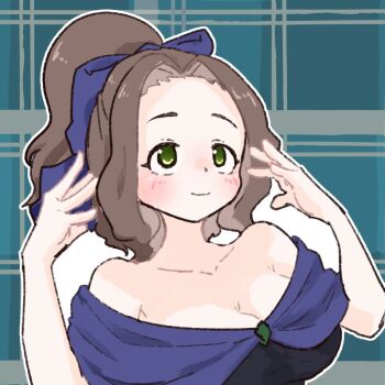 1girl bare_shoulders blue_background blue_bow blue_dress blush bow breasts brown_hair cleavage closed_mouth collarbone dress forehead green_eyes hair_bow hands_up large_breasts looking_up medium_hair off-shoulder_dress off_shoulder olto_rondo original ponytail raised_eyebrows short_sleeves smile solo tareme upper_body