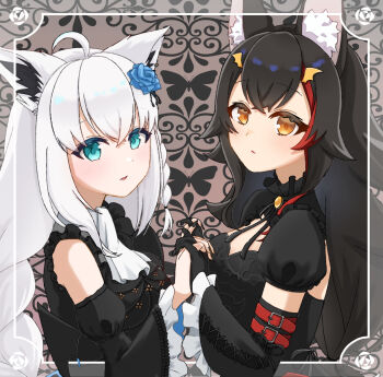 2girls ahoge animal_ear_fluff animal_ears black_dress black_gloves black_hair braid commentary_request detached_sleeves dress earrings flower fox_ears fox_girl gloves green_eyes hair_between_eyes hair_flower hair_ornament highres holding_hands hololive jewelry kurage0377 long_hair looking_at_viewer multicolored_hair multiple_girls ookami_mio red_hair shirakami_fubuki sidelocks single_braid streaked_hair virtual_youtuber white_hair wolf_ears wolf_girl yellow_eyes