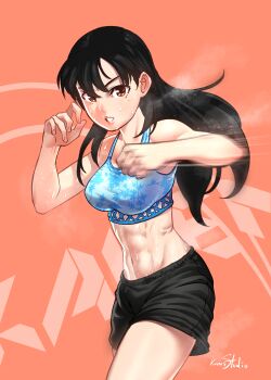 1girl abs artist_name bare_arms black_hair black_shorts blue_bra bra exercising fitness_boxing karen_(fitness_boxing) kumsmkii long_hair midriff motion_blur motion_lines orange_background parted_bangs punching red_eyes shorts solo sports_bra sportswear sweat teeth thighs toned toned_female underwear
