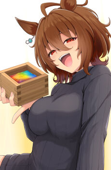 1girl :d absurdres agnes_tachyon_(umamusume) ahoge animal_ears black_sweater breasts brown_hair commentary_request hair_between_eyes half-closed_eyes highres holding horse_ears long_sleeves looking_at_viewer masu medium_breasts nail_polish open_mouth pink_nails puffy_long_sleeves puffy_sleeves red_eyes ribbed_sweater smile solo sweater temari_rin turtleneck turtleneck_sweater umamusume white_background