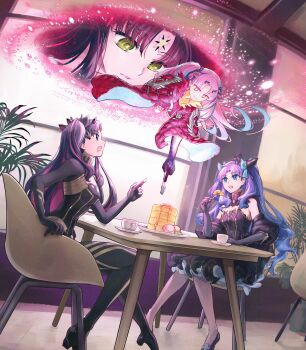 4girls anki-ereshkigal_(fate) bel_maana_(fate) black_bodysuit black_hair black_horns black_skirt blue_eyes blue_hair bodysuit breasts chair cleavage_cutout cloak closed_mouth clothing_cutout coffee_mug cup dress elbow_gloves ereshkigal_(fate) fate/grand_order fate_(series) floating_hair food fork frilled_dress frills gloves green_eyes grey_eyes hair_ribbon highres holding holding_fork horns indoors ishtar_(fate) long_hair mug multicolored_hair multiple_girls on_chair open_mouth pancake pancake_stack pink_hair planted pointing purple_hair red_cloak red_hair ribbon serpant_nergar sitting skirt smile space_ishtar_(fate) space_ishtar_(first_ascension)_(fate) space_ishtar_(third_ascension)_(fate) table two-tone_hair two_side_up yellow_eyes