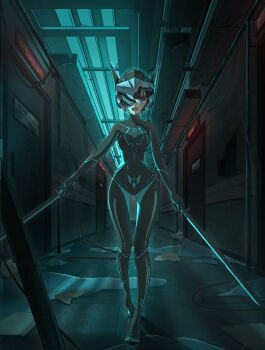 1girl absurdres black_bodysuit black_hair bodysuit broken_mask cluebox covered_collarbone door dual_wielding hallway helmet highres holding holding_sword holding_weapon latex latex_bodysuit mask open_mouth original puddle purple_eyes reflection shiny_clothes skin_tight solo straight-on sword variant_set walking weapon
