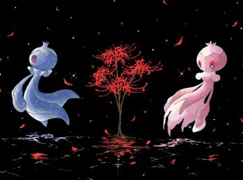 animal_focus blue_sclera blue_skin colored_sclera colored_skin flower frillish frillish_(female) frillish_(male) gen_5_pokemon geru_(gelusado3) highres jellyfish nintendo no_humans petals pink_skin pokemon pokemon_(creature) pokemon_focus red_eyes red_sclera