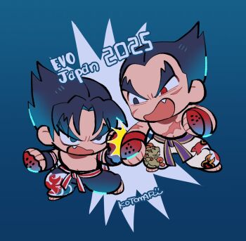 2boys barefoot black_eyes black_hair blue_background chibi chibi_only clenched_hands evolution_championship_series fang fighting fingerless_gloves full_body gloves heterochromia highres hitting kazama_jin kotomaru_(kotokoto_kottan) looking_at_another male_focus mishima_kazuya multiple_boys open_mouth pants red_eyes scar scar_on_chest short_hair signature tekken topless_male v-shaped_eyebrows white_pants