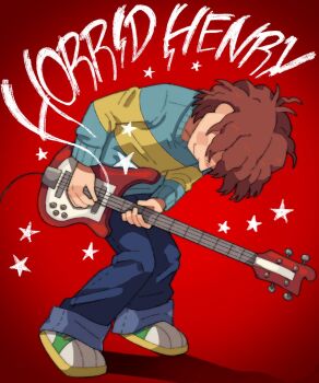 Rule 34 | 1boy, blue shirt, brown hair, electric guitar, guitar, hashtag-only commentary, highres, holding, holding guitar, holding instrument, horrid henry, horrid henry (character), instrument, krikzilla, male focus, messy hair, parody, red background, scott pilgrim (series), shirt, short hair, smile, solo