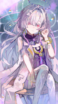 1girl absurdres closed_mouth colored_eyelashes commentary dress earrings grey_hair hair_ornament halo hand_up highres jacket jewelry ju_za_jiang long_hair looking_at_viewer mornye_(wuthering_waves) purple_dress red_eyes sitting smile solo triangle_earrings white_jacket wuthering_waves