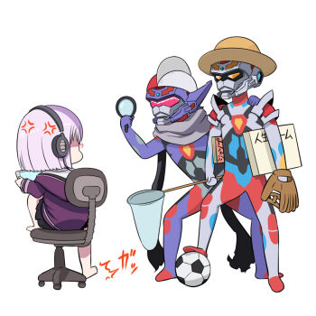 10s 1girl 2boys anger_vein ball baseball_glove board_game butterfly_net chair chibi denden glasses gridknight_(ssss.gridman) gridman_(character) gridman_(ssss) gridman_universe hand_net hat headphones magnifying_glass multiple_boys scarf shinjou_akane simple_background sitting soccer_ball ssss.gridman straw_hat tablet_pc white_background