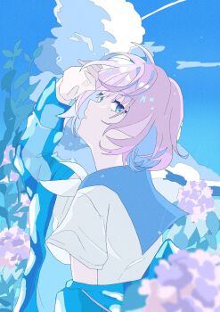 1girl algae ama_mo_yo_(tuyu) aqua_eyes arm_up blue_raincoat blue_sailor_collar blue_sky blue_theme bob_cut brown_hair choeremi0717 closed_mouth cloud coat coat_partially_removed commentary downturned_eyes film_grain floating_hair flower from_side grey_hair hand_over_eye highres hydrangea long_sleeves looking_at_viewer looking_down looking_to_the_side neckerchief off_shoulder open_clothes outdoors parted_lips pink_flower purple_flower raincoat sailor_collar see-through_clothes see-through_coat shirt short_hair short_sleeves sky solo tearing_up tuyu_(band) upper_body water_drop white_neckerchief white_shirt