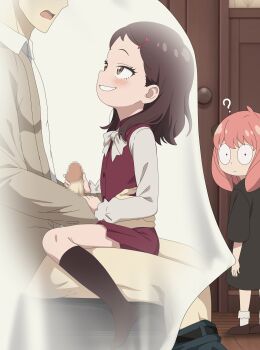 1boy 2girls absurdres age_difference anya_(spy_x_family) becky_blackbell blush brown_hair censored eufoniuz hair_ornament heart heart_hair_ornament hetero highres loli mosaic_censoring multiple_girls penis penis_grab pink_hair short_hair smile socks spy_x_family surprised thighs twilight_(spy_x_family)