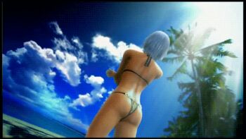 1girl 3d animated animated_gif ass bikini breasts christie_(doa) dead_or_alive dead_or_alive_xtreme_2 dead_or_alive_xtreme_beach_volleyball female_focus jewelry large_breasts legs lowres nature necklace outdoors plant sky solo stretching swimsuit tecmo thong underboob