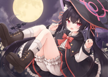 1girl :d alternate_costume animal_ear_fluff animal_ears bat_(animal) black_cape black_hair black_hat bloomers blue_archive boots brown_boots cape cat_ears cat_girl center_frills fang frills full_moon halloween halo hat highres long_hair long_sleeves looking_at_viewer mochizuki_riku moon open_mouth pink_eyes pink_halo serika_(blue_archive) shirt smile socks solo twintails underwear white_bloomers white_shirt white_socks witch_hat