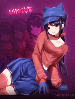 1girl black_eyes black_hair blue_gloves blue_skirt choker cool_mita_(miside) crazy_mita_(miside) gloves highres kind_mita_(miside) long_hair long_sleeves midriff miside mita_(miside) red_choker red_sweater red_thighhighs sannmako skirt solo sweater thighhighs