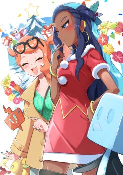 2girls aqua_eyes aqua_shirt black-framed_eyewear black_hair black_thighhighs blue_eyeshadow blue_hair bracelet breasts brown_coat coat collarbone comfey commentary_request dark-skinned_female dark_skin delibird dress earclip earrings eiscue eiscue_(ice) etyaduke eyeshadow eyewear_on_head gen_2_pokemon gen_4_pokemon gen_7_pokemon gen_8_pokemon hair_ornament heart heart_hair_ornament highres hoop_earrings jewelry long_hair makeup multicolored_hair multiple_girls nessa_(holiday_2021)_(pokemon) nessa_(pokemon) nintendo official_alternate_costume open_mouth orange_hair pokemon pokemon_(creature) pokemon_masters_ex pokemon_swsh ribbed_shirt rotom rotom_phone santa_costume santa_dress shirt side_ponytail side_ponytail_with_hair_base smile sonia_(pokemon) sunglasses swept_bangs thighhighs two-tone_hair v-neck