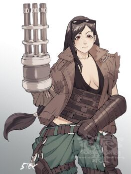 1girl 5tatsu artist_name baggy_clothes baggy_pants barret_wallace barret_wallace_(cosplay) belt black_gloves black_hair black_panties black_shirt breasts brown_vest cleavage closed_mouth cosplay cowboy_shot eyewear_on_head final_fantasy final_fantasy_vii final_fantasy_vii_rebirth final_fantasy_vii_remake gloves gradient_background green_pants grey_background hair_tie holster long_hair low-tied_long_hair medium_breasts midriff multiple_belts panties pants prosthetic_weapon red_eyes shirt single_sidelock solo sunglasses thigh_holster tifa_lockhart torn_clothes torn_sleeves underwear vest