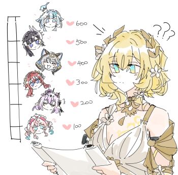 6+girls ? ?? aglaea_(honkai:_star_rail) animal_ears black_hair blonde_hair blue_eyes blue_hair breasts castorice_(honkai:_star_rail) cat_ears cerydra_(honkai:_star_rail) chinese_commentary cipher_(honkai:_star_rail) cleavage closed_eyes commentary_request dress drill_hair fang gelinzzz grey_hair heart highres holding holding_scroll honkai:_star_rail honkai_(series) hyacine_(honkai:_star_rail) hysilens_(honkai:_star_rail) jewelry kiss_meter_(meme) laurel_crown meme multiple_girls necklace open_mouth pointy_ears purple_eyes purple_hair scroll simple_background smile tribios_(honkai:_star_rail) twin_drills white_background white_dress