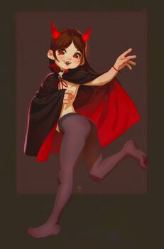 1girl 2025 20s alkemanubis ass black_background black_cape black_pantyhose blush bracelet brown_hair cape choker demon_girl demon_horns demon_tail demon_wings earrings fake_horns fake_tail fake_wings fangs flat_chest gem halloween halloween_costume horns jewelry loli long_hair looking_at_viewer open_mouth original pantyhose red_eyes red_gemstone ring running smile tail teeth topless_female wings