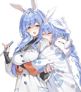 2girls animal_ears blue_hair braid breasts closed_eyes commentary_request dress highres holding holding_ladle hololive hug hug_from_behind ladle large_breasts long_hair mother_and_daughter multiple_girls open_mouth orange_eyes pekomama pekomon_(usada_pekora) rabbit_ears rabbit_girl shuri_(84k) simple_background smile sound_effects upper_body usada_pekora virtual_youtuber white_background white_dress