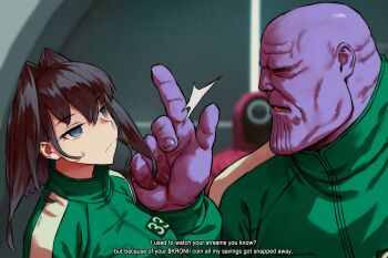 1boy 1girl 1other black_hair blue_eyes blurry blurry_background breasts closed_mouth colored_skin commentary crossover depth_of_field english_commentary english_text eye_contact fingernails green_jacket hair_between_eyes hand_up haraya_manawari highres hololive hololive_english jacket kronii_coin_(meme) large_breasts long_hair long_sleeves looking_at_another marvel marvel meme name_connection ouro_kronii parody parted_lips puffy_long_sleeves puffy_sleeves purple_skin small_sweatdrop snapping_fingers squid_game sweat thanos track_jacket upper_body virtual_youtuber