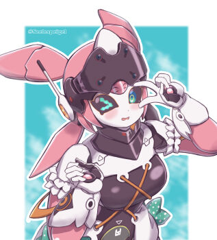 >_o 1girl absurdres armband blue_background blush border bow breasts commentary english_commentary frilled_armband frills green_bow green_eyes highres humanoid_robot joints looking_at_viewer mechanical_arms mechanical_ears medium_breasts one_eye_closed open_mouth outline polka_dot polka_dot_bow robot robot_girl robot_joints solo takkikun twitter_username upper_body v v_over_eye white_armband white_border white_outline yutane_johiel zenless_zone_zero