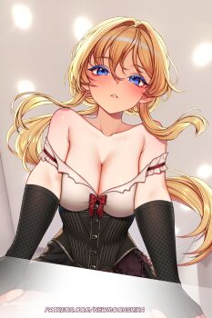 1girl black_dress blonde_hair blue_eyes blush breasts cleavage commentary commission detached_sleeves dress english_commentary from_below hair_between_eyes highres large_breasts long_hair looking_at_viewer looking_down makeup newmoonshira nintendo open_mouth pokemon serena_(pokemon) solo