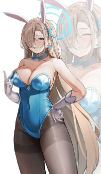 1girl absurdres animal_ear_hairband animal_ears asuna_(blue_archive) asuna_(bunny)_(blue_archive) bare_shoulders blonde_hair blue_archive blue_bow blue_bowtie blue_eyes blue_halo blue_leotard blush bow bowtie breasts cleavage collarbone commentary_request covered_navel detached_collar eyes_visible_through_hair fake_animal_ears gloves grin hair_over_one_eye hair_ribbon hairband halo highres hipo4333 large_breasts leotard long_hair looking_at_viewer mole mole_on_breast pantyhose playboy_bunny rabbit_ear_hairband rabbit_ears revision ribbon smile solo thighband_pantyhose v very_long_hair white_gloves