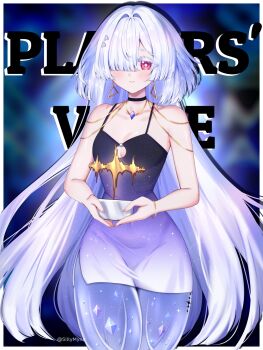 1girl bare_shoulders blush breasts closed_mouth colored_eyelashes commentary dress english_commentary fingernails gradient_clothes gradient_dress grey_hair hair_intakes hair_ornament highres holding long_hair looking_at_viewer medium_breasts mornye_(wuthering_waves) purple_dress red_eyes see-through_body sillymyne smile solo tacet_mark_(wuthering_waves) the_game_awards twitter_username very_long_hair wuthering_waves