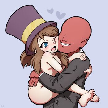 1boy 1girl 8anon a_hat_in_time age_difference blue_eyes blush brown_hair carrying carrying_person cheek-to-cheek clenched_teeth clothed_male_nude_female colored_skin completely_nude eyebrows faceless faceless_male feet formal_clothes from_side full_body hand_on_another's_shoulder hat hat_kid heads_together heart heart-shaped_pupils highres hug loli long_hair long_sleeves nipples nude one_eye_closed open_mouth ponytail red_skin sidelocks smile suit symbol-shaped_pupils teeth toes top_hat