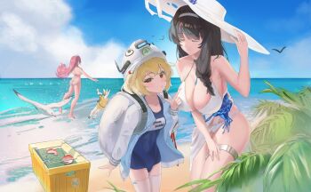 3girls absurdres beach bikini black_hair blonde_hair blue_one-piece_swimsuit braid breasts cloud commentary english_commentary goddess_of_victory:_nikke hat helmet highres large_breasts large_hat liter_(guardfish)_(nikke) liter_(nikke) long_hair mary_(bay_goddess)_(nikke) mary_(nikke) multiple_girls non-humanoid_robot ocean official_alternate_costume one-piece_swimsuit pepper_(nikke) pepper_(ocean_vitamin)_(nikke) pink_hair robot robot_animal robot_dog seraphim_(nikke) short_hair shouyou_(egcr8334) side_braid sky sun_hat swimsuit swimsuit_cover-up volt_(nikke) white_bikini white_hat white_helmet