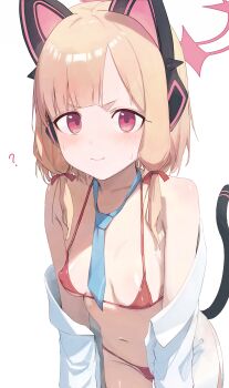 1girl absurdres animal_ear_headphones animal_ears bare_shoulders bikini blue_archive blue_necktie blush breasts cat_ears cat_tail closed_mouth cowboy_shot dogxfish fake_animal_ears hair_ribbon halo headphones highres long_sleeves looking_at_viewer micro_bikini momoi_(blue_archive) navel necktie off_shoulder open_clothes open_shirt red_bikini red_eyes red_ribbon ribbon shirt short_hair_with_long_locks sidelocks simple_background small_breasts solo swimsuit tail v-shaped_eyebrows white_background white_shirt