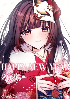 1girl 2026 absurdres alternate_costume alternate_hairstyle annerica brown_hair closed_mouth commentary_request earrings fingernails fox_mask fur-trimmed_kimono fur_trim hair_down happy_new_year highres honkai:_star_rail honkai_(series) japanese_clothes jewelry kimono long_hair looking_at_viewer mark_under_both_eyes mask mask_on_head new_year obi obijime own_hands_together pink_eyes red_kimono sash signature simple_background smile solo sparkle_(honkai:_star_rail) upper_body white_background