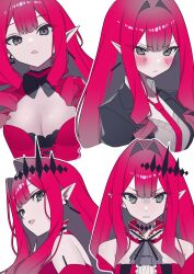 Rule 34 | 1girl, baobhan sith (fate), baobhan sith (first ascension) (fate), bare shoulders, black jacket, blush, breasts, center frills, cleavage, cleavage cutout, clothing cutout, collared shirt, detached collar, dress, earrings, fate/grand order, fate (series), forked eyebrows, frills, grey eyes, hair ornament, highres, jacket, jewelry, katashiro, large breasts, long hair, looking at viewer, multiple views, necktie, open mouth, pink hair, pointy ears, red dress, revealing clothes, shirt, sidelocks, smile, tiara, white shirt