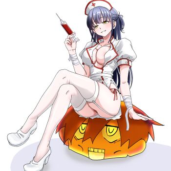 1girl alternate_costume alternate_hairstyle bandaged_arm bandages black_hair boku_no_kokoro_no_yabai_yatsu braid breasts character_doll cleavage collarbone collared_dress commentary_request cross crossed_legs doll dress full_body garter_straps grin half_up_braid halloween halloween_costume hat holding holding_syringe ichikawa_kyoutarou large_breasts long_hair no_bra nurse_cap panties red_cross red_panties ruri_(ruri_) shoes short_dress short_sleeves side-tie_panties simple_background sitting smile solo string_panties syringe thighhighs thighs thong underwear white_background white_dress white_shoes white_thighhighs yamada_anna yellow_eyes