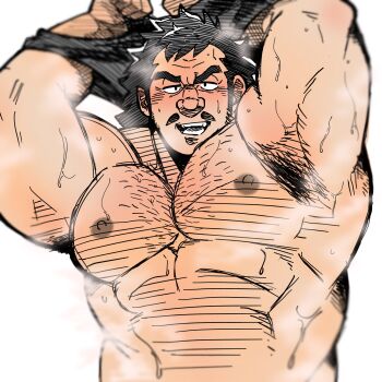 1boy abs armpit_hair armpits arms_up bara blush come_hither highres large_pectorals looking_at_viewer male_focus mature_male mokushiroku_no_yonkishi muscular muscular_male nanatsu_no_taizai nipples nude pectorals pellegarde pencil_mustache seductive_smile smile solo sparse_chest_hair steaming_body strongman_waist thick_eyebrows undressing upper_body wrinkled_skin yoshio_(ginnan_0510)