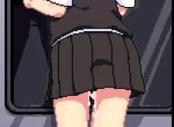 1girl against_glass against_window animated ass ass_focus black_shirt black_skirt clothed_sex covered_penetration cum cum_string cumdrip disembodied_penis from_behind hetero lowres penis pixel_art public_indecency pull_out pussy_juice qswan shirt skirt standing stealth_sex tagme train_interior trembling trembling_legs video window