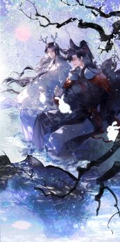 2boys absurdres ahoge animal animal_ears animal_on_lap bishounen black_hair black_hanfu branch cape chinese_clothes closed_mouth commission couple different_reflection dragon_boy eastern_dragon_horns falling_petals flower fox_boy fox_ears fox_tail fur-trimmed_cape fur_trim grey_pants hair_ribbon hanfu headband high_ponytail highres kemonomimi_mode lan_wangji light_particles long_hair long_sleeves looking_at_another looking_down male_focus modao_zushi moon multiple_boys on_lap open_mouth outdoors pants petals ponytail profile purple_eyes rabbit red_cape red_ribbon red_sash reflection reflective_liquid ribbon ripples robe rock sash second-party_source shan_you_ting_su sitting smile soaking_feet tail tree water wei_wuxian white_cape white_flower white_hanfu white_headband white_rabbit_(animal) wide_sleeves winter_clothes yaoi yellow_eyes