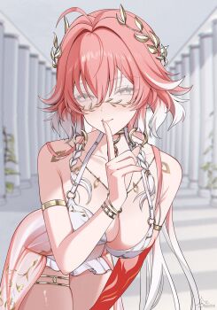 Rule 34 | 1girl, armlet, bare shoulders, blindfold, body markings, braid, breasts, bright pupils, changli (laurel nymph) (wuthering waves), changli (wuthering waves), chromatic aberration, cleavage, closed mouth, colored blindfold, colored extremities, comiket 107, commentary request, dress, dress swimsuit, finger to mouth, fingernails, hair between eyes, hair extensions, highres, jewelry, large breasts, laurel crown, leaning forward, long fingernails, looking at viewer, multicolored hair, official alternate costume, pink dress, pink hair, red hands, ring hair extensions, shushing, smile, solo, thighlet, thighs, translation request, twin braids, two-tone hair, uriuritei, white dress, white hair, white pupils, wuthering waves, yellow eyes