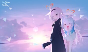 2girls :d absurdres arona_(blue_archive) black_choker black_eyes black_hairband blue_archive blue_hair blue_shirt blush bow bowtie braid choker cloud colored_inner_hair commentary_request hair_over_one_eye hairband halo heart heart_halo highres honi_(honi1010) leaning_forward long_hair long_sleeves looking_at_viewer multicolored_hair multiple_girls open_mouth pink_hair plana_(blue_archive) red_halo sailor_collar shirt short_hair single_braid skirt smile umbrella_gun white_bow white_bowtie white_hair white_hairband white_skirt