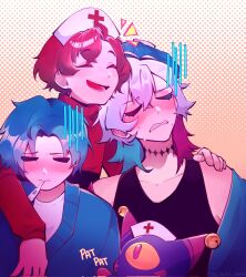 Rule 34 | 3boys, arm around shoulder, black tank top, blue hair, blue sweater, blush, clenched teeth, closed eyes, cold pack, collarbone, commentary, creature, curtained hair, diamond choker, english commentary, eyelashes, gavis bettel, gradient background, hair between eyes, happy, hat, highres, holostars, holostars english, long sleeves, looking at viewer, machina x flayon, mafuyuki san, male focus, multicolored hair, multiple boys, nurse cap, open mouth, phantom (gavis bettel), pink hair, polka dot, polka dot background, red hair, regis altare, short hair, sick, signature, smile, sweat, sweater, taking temperature, tank top, teeth, thermometer, upper body, virtual youtuber, yellow background