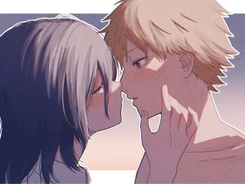 1boy 1girl blonde_hair blue_hair blush border chainsaw_man closed_eyes collared_shirt denji_(chainsaw_man) hair_between_eyes hand_on_another&#039;s_cheek hand_on_another&#039;s_face hetero highres imminent_kiss letterboxed looking_at_another medium_hair on_u_u parted_lips reze_(chainsaw_man) shirt short_hair topless_male upper_body white_border white_shirt