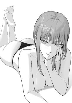 1girl absurdres ano_(gccx8784) ass bare_shoulders barefoot breasts chainsaw_man cleavage collarbone feet_up greyscale hand_in_own_hair head_on_hand highres looking_at_viewer lying makima_(chainsaw_man) medium_breasts monochrome nipples no_bra on_stomach panties parted_lips ringed_eyes sidelocks simple_background skindentation smile solo straight_hair thong underwear white_background