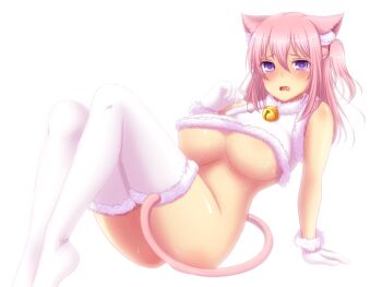 Rule 34 | 1girl, animal ears, bell, bottomless, breasts, cat ears, cat girl, cat tail, female focus, gloves, huge breasts, junrei (nyorori), legs, long hair, no bra, nyorori (tatsutaage), on ground, original, pink hair, purple eyes, shirt, side ponytail, simple background, sitting, solo, tail, thighhighs, underboob, wet, white background, white gloves, white thighhighs