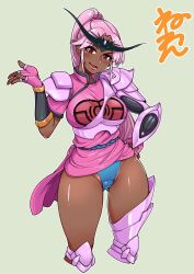 Rule 34 | 1girl, armor, breasts, dark-skinned female, dark skin, dragon quest, dragon quest dai no daibouken, fingerless gloves, gloves, long hair, looking at viewer, maam, neone, open mouth, pink gloves, pink hair, shoulder armor, simple background, single thighhigh, smile, solo, standing, thighhighs