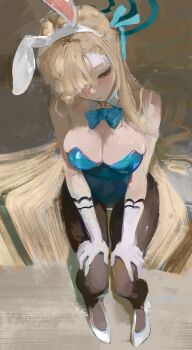 1girl animal_ears asuna_(blue_archive) asuna_(bunny)_(blue_archive) black_pantyhose blonde_hair blue_archive blue_bow blue_bowtie blue_leotard bow bowtie breasts brush_stroke cleavage closed_mouth daodtt detached_collar fake_animal_ears from_above gloves hair_over_one_eye highres large_breasts leotard long_hair official_alternate_costume pantyhose playboy_bunny rabbit_ears sitting solo strapless strapless_leotard traditional_media very_long_hair white_gloves