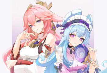 Rule 34 | 2girls, absurdres, animal ears, blue hair, blush, breasts, closed mouth, commentary request, detached sleeves, earrings, fox ears, frilled hairband, frills, genshin impact, hair between eyes, hair ornament, hairband, hand fan, highres, holding, holding fan, japanese clothes, jewelry, kimono, long hair, long sleeves, looking at viewer, medium breasts, multiple girls, nihongami, okkobc, pink hair, pink kimono, pointy ears, purple eyes, smile, very long hair, white sleeves, wide sleeves, yae miko, yumemizuki mizuki