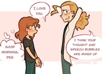 2boys aged_up arms_behind_head artist_name black_shirt blonde_hair blush brown_hair child coat dee_(metal_family) ear_piercing earrings english_text espresso_xo green_pants hashtag-only_commentary heavy_(metal_family) height_difference highres jewelry lab_coat long_hair long_sleeves looking_at_another male_focus medium_hair metal_family multiple_boys open_mouth own_hands_together pants piercing pink_background ponytail shirt short_sleeves simple_background smile speech_bubble standing sweatdrop t-shirt thought_bubble white_coat