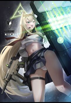 1girl animal_ear_fluff animal_ears arktic ballistic_shield bandaid bandaid_on_leg blonde_hair blue_archive blue_skirt bra breasts crotch_seam dutch_angle fox_ears fox_girl gloves green_eyes green_halo grey_gloves gun h&amp;k_ump halo headset highres holding holding_gun holding_weapon kurumi_(blue_archive) lens_flare long_hair magazine_(weapon) navel neckerchief open_mouth optical_sight panties pantyshot pouch red_neckerchief sailor_collar school_uniform serafuku shield shirt skirt small_breasts smile solo submachine_gun thigh_pouch thigh_strap throat_microphone trigger_discipline underwear vertical_foregrip weapon white_bra white_panties wind wind_lift