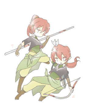 2boys amras amrod arrow_(projectile) bow_(weapon) brothers chibi closed_mouth elf full_body hair_between_eyes high_ponytail holding holding_bow_(weapon) holding_staff holding_weapon leg_up long_hair looking_at_viewer male_focus multiple_boys numbered one_eye_covered open_mouth pixiv_id_1298298 pointy_ears ponytail red_hair siblings staff staff_(weapon) the_silmarillion tolkien&#039;s_legendarium twins weapon