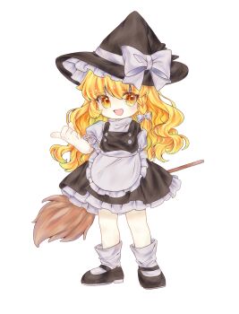 1girl :d apron arm_behind_back black_dress black_hat black_shoes blonde_hair bow braid broom buttons commentary_request curly_hair deformed dress frilled_apron frilled_sleeves frills full_body grapeikn hair_bow hand_up hat hat_bow highres holding holding_broom index_finger_raised kirisame_marisa long_hair looking_at_another mary_janes open_mouth petticoat puffy_short_sleeves puffy_sleeves shirt shoes short_sleeves simple_background single_braid sleeveless sleeveless_dress smile socks solo standing touhou turtleneck turtleneck_shirt waist_apron white_apron white_background white_bow white_shirt white_socks witch_hat yellow_eyes