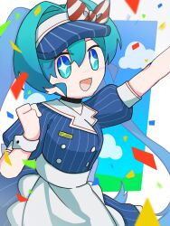 Rule 34 | 1girl, apron, arm up, blue dress, blue eyes, blue hair, buttons, commentary, confetti, cowboy shot, double-breasted, dress, hatsune miku, highres, l0x xol, long hair, looking at viewer, mesmerizer (vocaloid), name tag, puffy short sleeves, puffy sleeves, short sleeves, solo, sparkling eyes, twintails, very long hair, visor cap, vocaloid, white apron