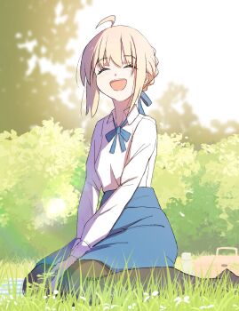 Rule 34 | ahoge, artoria pendragon (fate), black pantyhose, blonde hair, blue bow, blue bowtie, blue skirt, bow, bowtie, braid, breasts, bun with braided base, bush, closed eyes, collared shirt, commentary, facing viewer, fate (series), grass, hair bun, high-waist skirt, highres, long shirt, long sleeves, medium hair, notonaon, open mouth, pantyhose, picnic basket, saber (fate), seiza, shirt, sidelighting, sidelocks, sitting, skirt, small breasts, smile, sunlight, symbol-only commentary, teeth, thermos, upper teeth only, v arms, white shirt